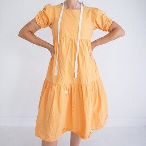 Peter Som Collective Marigold Orange Cotton Puff Sleeve Empire Midi Dress 0